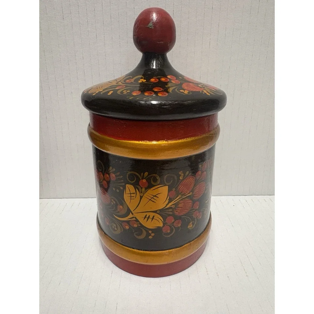 Vintage Russian Khokhloma‎ Jar  6.5 in tall Lidded Wood Lacquer plus 2 spoons